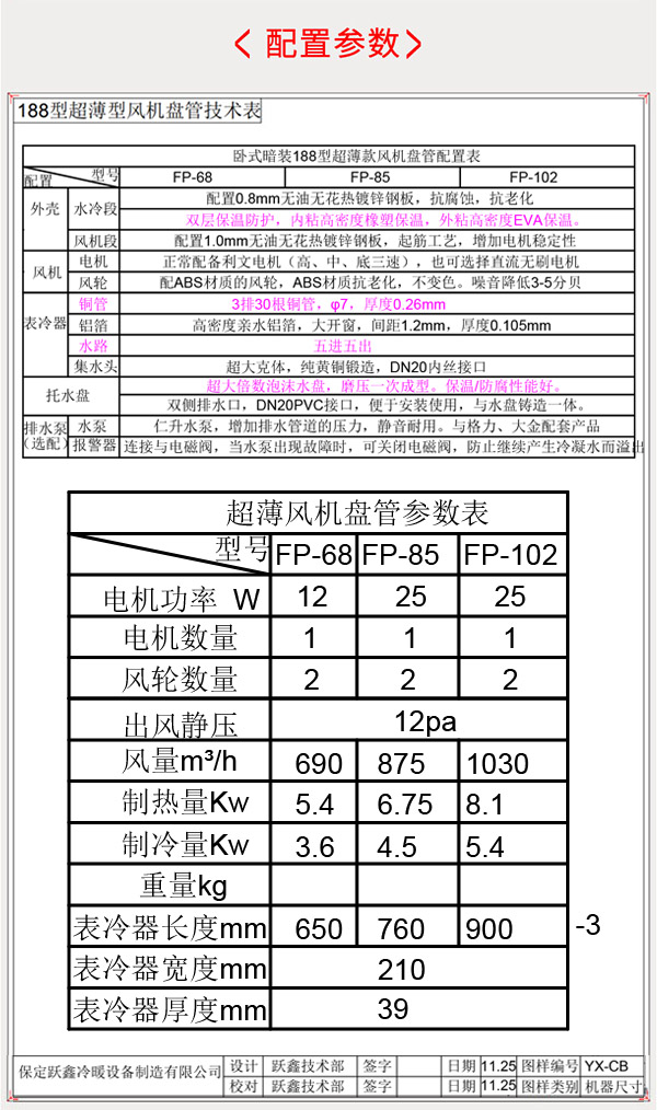 超薄臥式暗裝風機盤管產品配置參數